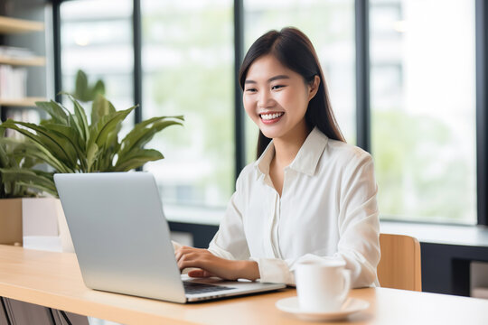 Cheerful Asian young woman working with her laptop at a her personal studio office. Entrepreneur women concept