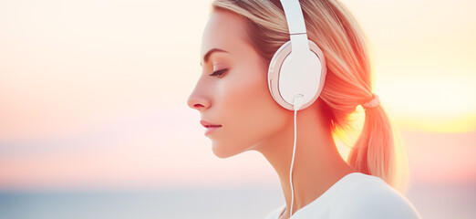 Closeup photo of beautiful young woman wearing white headphones and listening to music against a seascape at sunset - obrazy, fototapety, plakaty