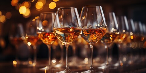 A luxurious display of barware, featuring elegant wine glasses and assorted stemware, set upon a table for an indoor wine tasting event with a selection of alcoholic beverages including champagne, re