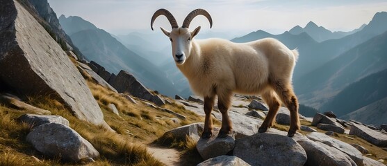 A lively mountain goat standing on tatras stones with mountain peaks in the background, copy space - obrazy, fototapety, plakaty