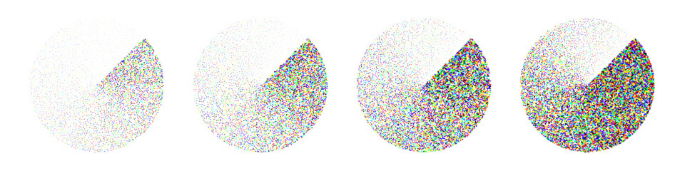 Round shaped dotted objects, vintage stipple elements. Fading gradient. Stippling, dotwork drawing, shading using dots. Colored disintegration effect. Noise grainy texture. Vector illustration