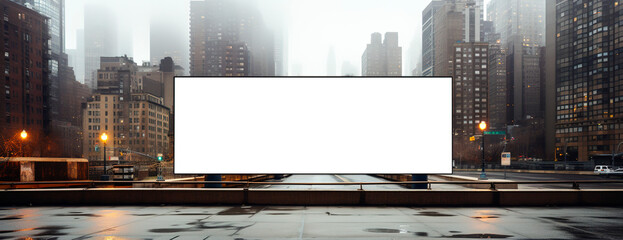 Giant billboard in blank transparent background with copy space with city buildings as background - obrazy, fototapety, plakaty