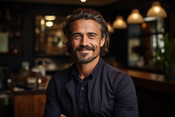 A jovial man with a stylish beard and mustache, wearing glasses and casual attire, beams at the camera in a cozy restaurant or pub setting against a wall backdrop
