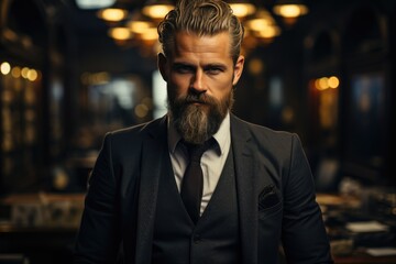 Obraz premium A distinguished gentleman, donning a dark suit and dress shirt, exudes confidence and sophistication with his well-groomed beard and moustache, captivating all with his refined style