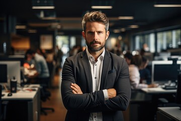 A stern-faced man stands with crossed arms in front of a computer, his tailored suit and the sleek office building wall behind him reflecting the seriousness of the moment - obrazy, fototapety, plakaty