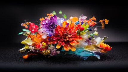 Obraz premium Bouquet of glowing colorful flowers on dark background