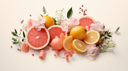 A minimalistic rendering of pink grapefruit, lemon, orange, and flowers on a white background with a fresh and realistic feel. Generative AI.