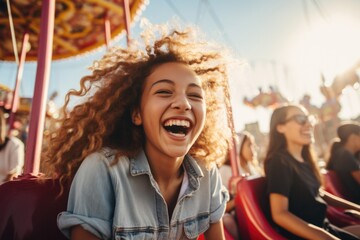 A joyful woman laughing on a carousel ride. Generative AI.