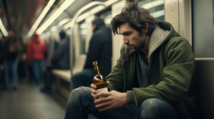 Sad young alcoholic drinking beer in subway