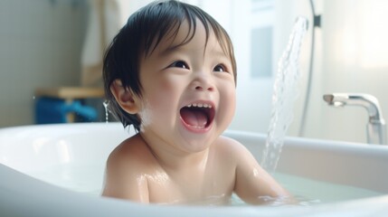 A baby is laughing in a bath tub. Generative AI.