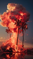 A vibrant explosion amidst tropical palm trees captures the essence of a fiery summer day. Generative AI.