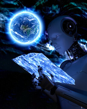 A female robot reading a book about artificial intelligence. Space background.