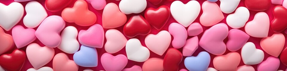 Fototapeta premium A large pile of hearts made of pink, blue and red. Generative AI.
