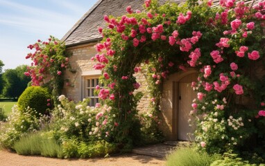 Fototapeta na wymiar Roses growing over a trellis on a beautiful English countryside house