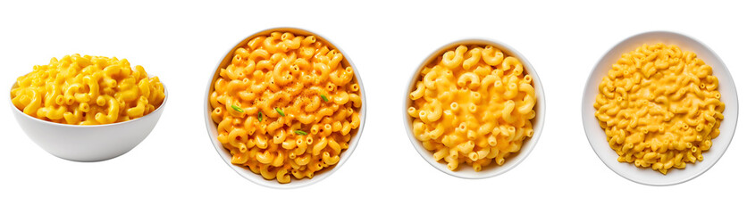 Mac & cheese: top and side view of classic stovetop macaroni and cheese in a bowl and plate set, Isolated on Transparent Background, PNG