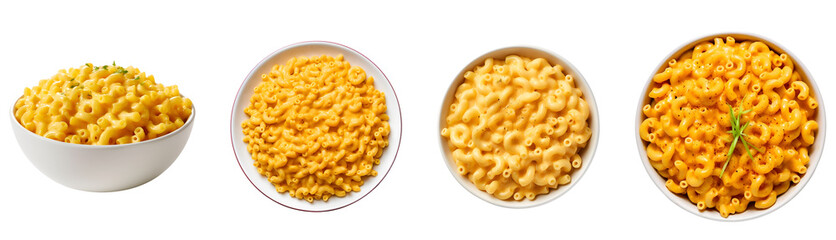 Bowl and plate set of classic stovetop macaroni and cheese: mac & cheese top and side view, Isolated on Transparent Background, PNG