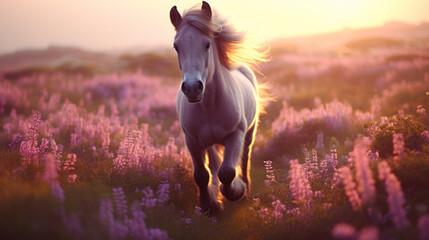 Adorable pony running in the meadow