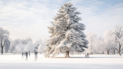 one single snow covered pine tree in the park, lots of people walking past, people blurry, motion blur, tree is still