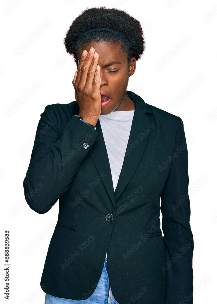 Sticker young african american girl wearing business clothes yawning tired covering half face, eye and mouth