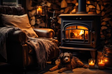 A contented canine basks in the warmth of a cozy hearth, nestled by a woodburning stove in an indoor sanctuary, as the fire flickers behind a decorative screen