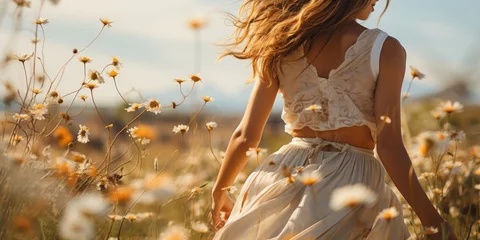 Fotobehang A free-spirited woman embraces the beauty of nature as she runs through a sunlit field of vibrant flowers, her flowing white dress and radiant energy capturing the essence of summertime fashion © Larisa AI
