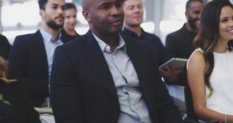 Seminar row, business people or woman listening to project discussion, report or sales pitch presentation to clients. Attention, tradeshow and conference crowd, diversity group or agent at convention