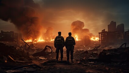 two soldiers are standing in front of a burning a city with a fire in the distance