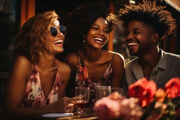 A group of people gathered around a table, their faces full of joy and their clothes adorned with flowers and fashion accessories, toasting with wine glasses at an indoor wedding party - obrazy, fototapety, plakaty