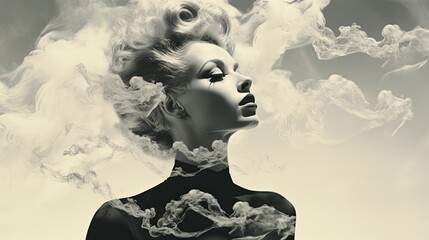Woman in Smoke. Surrealist pop art. Double exposure. 