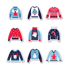 Christmas ugly sweaters collection stickers. Xmas and New Year vector flat illustration set. Minimalistic cute holiday elements and symbols. Cozy winter concept.
