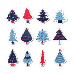 Christmas trees stickers set. New year and winter minimalistic clipart. Cozy holiday. Flat vector illustration.
