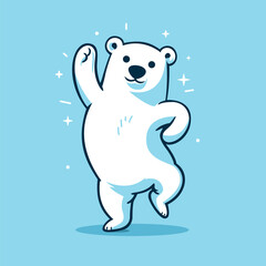An illustration of a cute happy White Polar Bear Standing Tall on its legs, dancing with his arm up, cartoon mascot, logo vector design