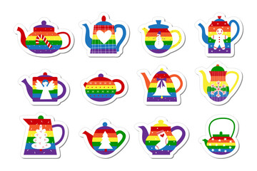 Gay lgbt christmas and new year teapots stickers with rainbow flag and holiday symbols. Queer cozy winter concept. Flat vector illustration set.