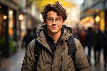 Fototapeta premium A stylish man with a bright smile stands confidently on the city sidewalk, his glasses and backpack adding to his trendy street fashion while the tall buildings and outerwear coat create a powerful a