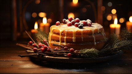 Close up of a rustic cake. Christmas Eve dinner. Fairly atmosphere. Close-up food photography.