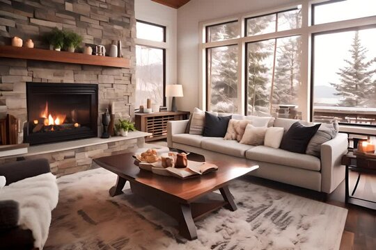 Cozy modern living room with a fireplace, large windows with a snowy view, a white sofa, and wooden furniture.