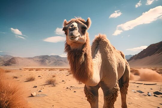 A friendly camel stands in a desert landscape, with a clear blue sky and mountains in the background, looking at the camera.