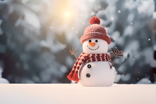 Cheerful snowman wearing a red scarf and hat, greeting warmly amidst a snowy scene with soft snowflakes falling around.