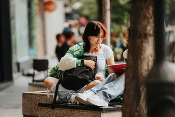 Two casually dressed high school girls study outdoors on a bench, discussing their homework and preparing for an exam. They share knowledge and work together in a lovely setting.