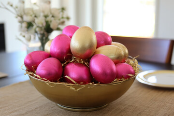 A gold bowl filled with shiny pink and gold Easter eggs on a burlap tablecloth, with a flower vase in the background. - Powered by Adobe