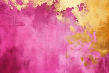 Abstract art background with textured pink and gold paint splatters and strokes on a canvas. - obrazy, fototapety, plakaty