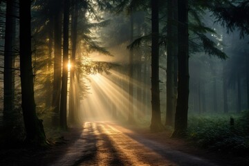 Fototapeta premium Mysterious dark forest at sunrise with rays of light and fog, Morning mist in the forest, Spectacular morning sun light rays in the forest.
