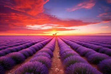 Beautiful sunset over lavender field, beautiful twilight sky in a lavender field, Endless purple lavender field at sunset, cold purple tones.