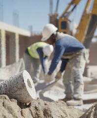 Workers on construction site, unfocused scene background