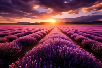 Beautiful sunset over lavender field, Endless purple lavender field at sunset, cold purple tones, Rows of purple lavender in height of bloom