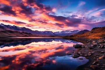 Beautiful dramatic panoramic sunset over the mountains with cloudy sky, Beautiful sunset over Lake Tekapo, South Island, New Zealand, Incredible midnight sunset over the sea