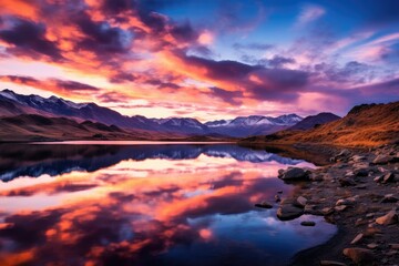 Fototapeta premium Beautiful dramatic panoramic sunset over the mountains with cloudy sky, Beautiful sunset over Lake Tekapo, South Island, New Zealand, Incredible midnight sunset over the sea