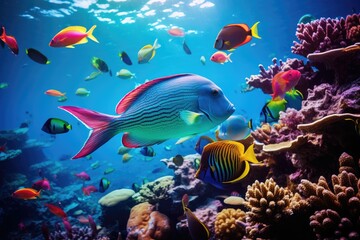 Naklejka na ściany i meble Underwater world with corals and tropical fish, Underwater world photography, Tropical sea underwater fishes on coral reef, Coral reef underwater world
