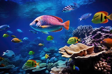 Naklejka na ściany i meble Underwater scene with colorful tropical fish and corals in blue water, beautiful underwater scenery with various types of fish and coral reefs, Underwater world photography