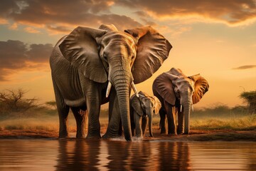Fototapeta na wymiar Family of elephants walking through the savana at sunset, African Elephants at sunset, Amazing African wildlife, wildlife photography, wild animal, Giant animal